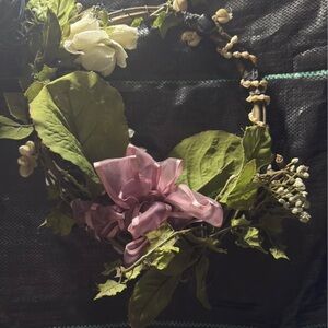 Hand Crafted Green Leaf Wreath Headband with Mauve Ribbon